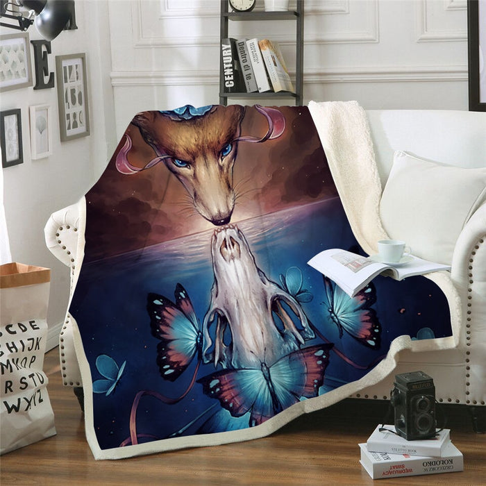 Wolf Butterfly Skull Reflection Blanket Quilt
