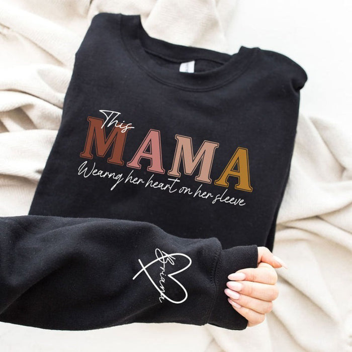 Personalized Wear Heart On Sleeve Mama Sweatshirt Hoodie with Kid Names on Sleeves Mother's Day Birthday Gift