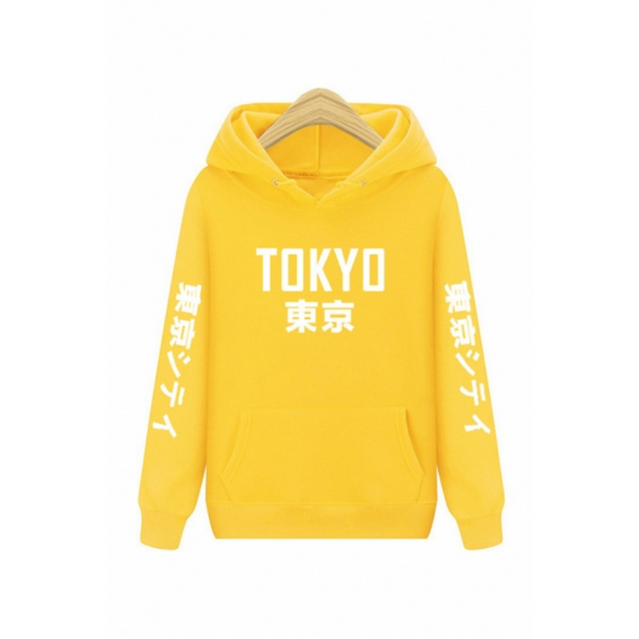 Japanese Capital Letter TOKYO Printed Pouch Pocket Long Sleeve Relaxed Casual Hoodie