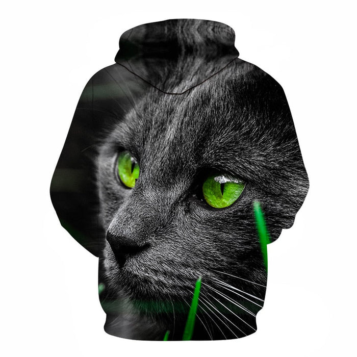 Stylish 3D Black And Green Eyes Cat Printed Hoodie