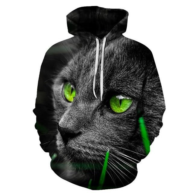 Stylish 3D Black And Green Eyes Cat Printed Hoodie