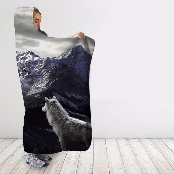 Snowy Mountaintop Wolf Blanket Hoodie