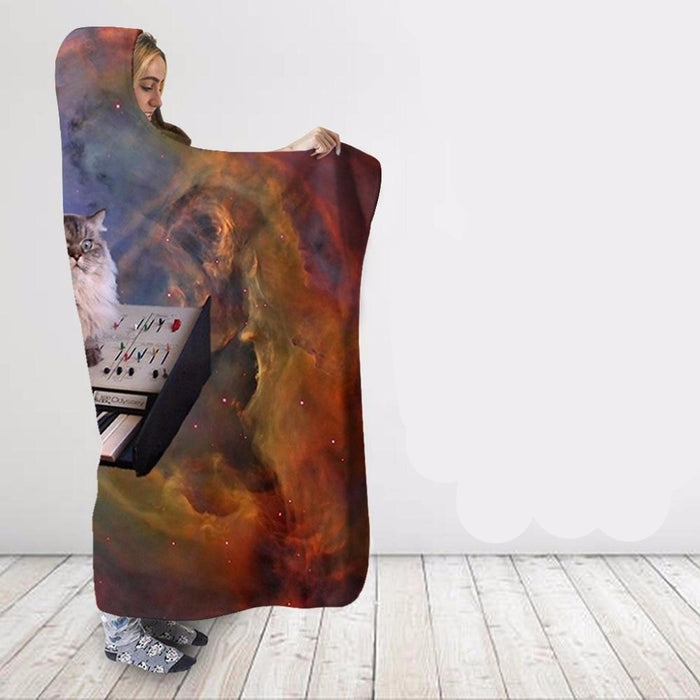 Space Piano Cat Blanket Hoodie
