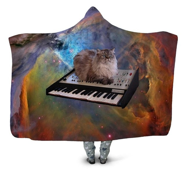 Space Piano Cat Blanket Hoodie