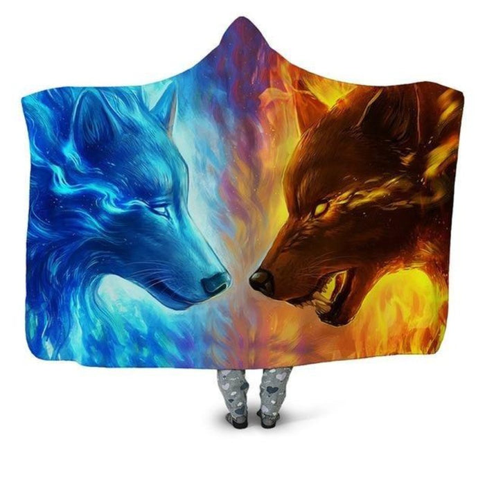 Fire & Ice Wolves Blanket Hoodie
