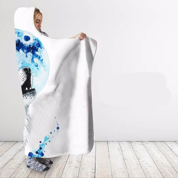 Blue Galaxy Wolf & Moon Blanket Hoodie