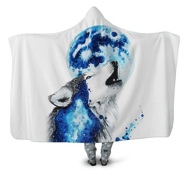 Blue Galaxy Wolf & Moon Blanket Hoodie