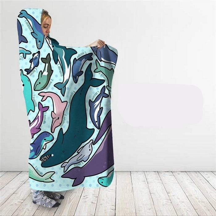 Ocean Animals Print Blanket Hoodie