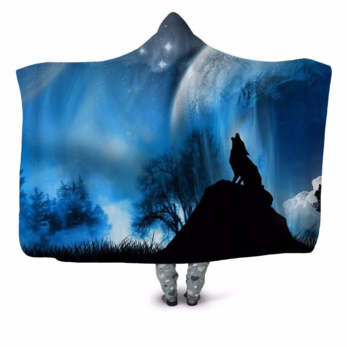 Howling Blue Moon Wolf Blanket Hoodie