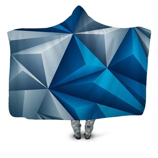 White & Blue Tringle Geometric Pattern Blanket Hoodie
