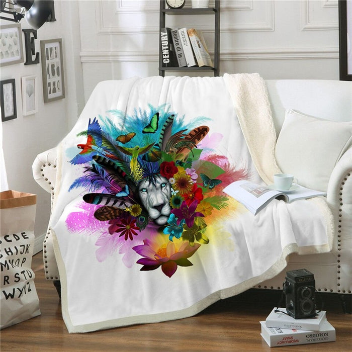 Colorful Flower Lion Blanket Quilt