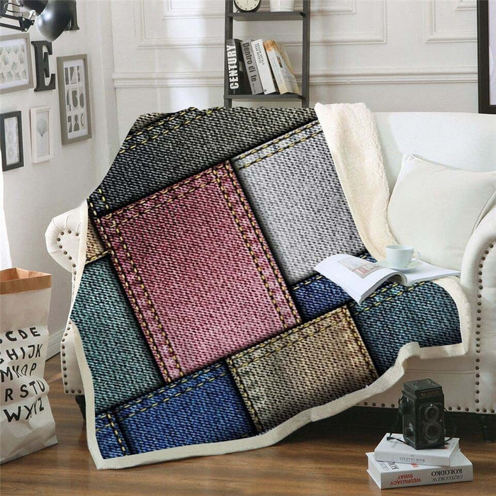 Stitched Denim Patches Blanket Quilt
