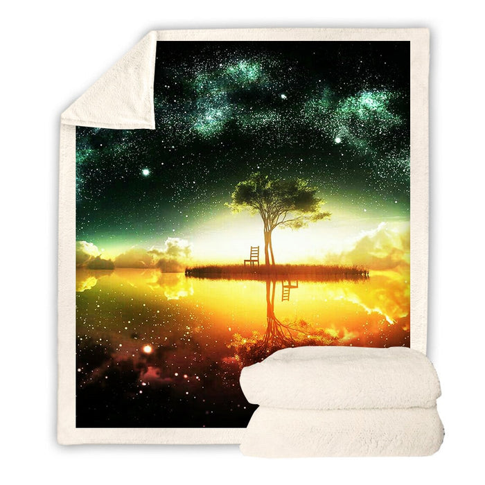 Galaxy Island Tree Reflection Blanket Quilt