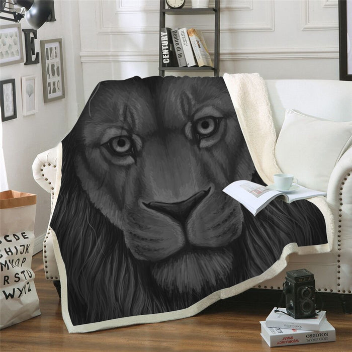 Sketched Black & White Lion Blanket Quilt