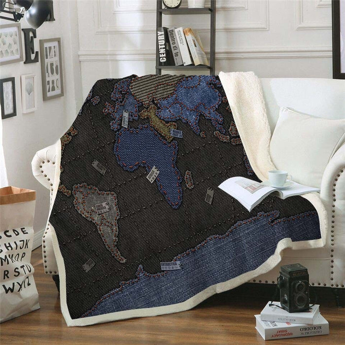 Denim Stitched Map of the World Blanket Quilt