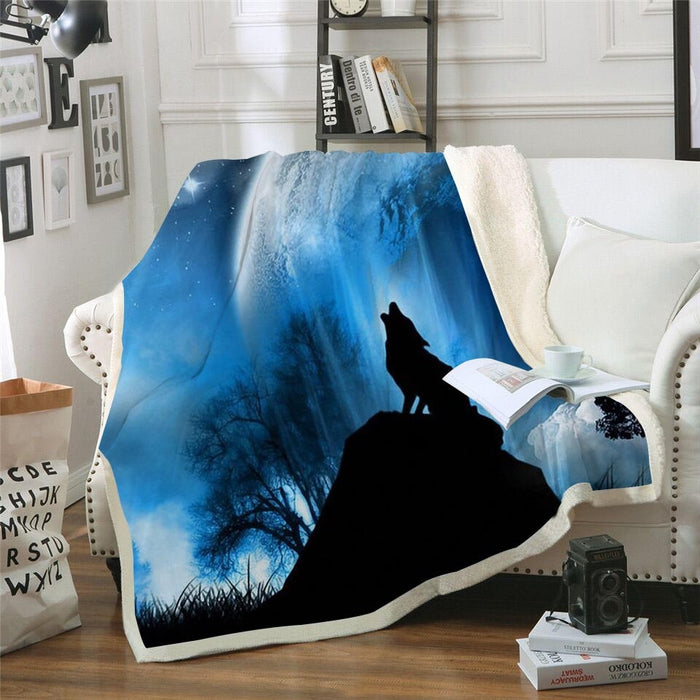 Howling Blue Moon Wolf Blanket Quilt